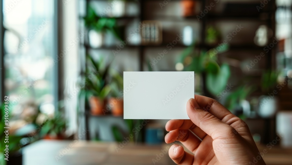 Hand Holding a Blank White Card in a Blurred Interior Setting Hand Holding a Blank White Card in a Blurred Interior Setting