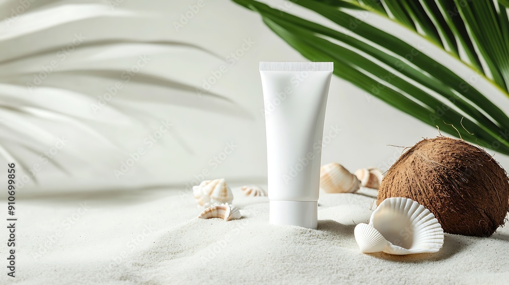 Foto de Cosmetic promotion mock up on beach scene a white cosmetic tube ...
