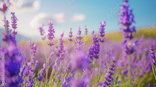 A field of lavender gently swaying in rhythm with the wind, under a clear blue sky