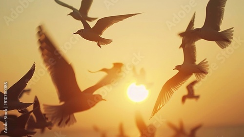 A slow-motion video of birds flying against a sunset, their wings beating calmly