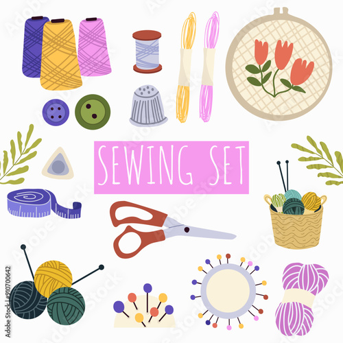 Set of tools for sewing, needlework, knitting. Kit set with scissors, hoop, bucket, spools, threads, measuring, shears, mannequin. Vector illustration hand drawn.