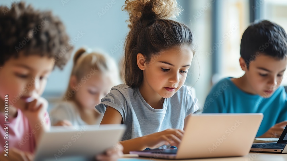 Group of TechSavvy Primary School Children Working on Their Laptop and Tablet Computers in Class Young Female Teacher Educating Kids on Internet Safety Basic Programming Languages and : Generative AI Group of TechSavvy Primary School Children Working on Their Laptop and Tablet Computers in Class Young Female Teacher Educating Kids on Internet Safety Basic Programming Languages and : Generative AI