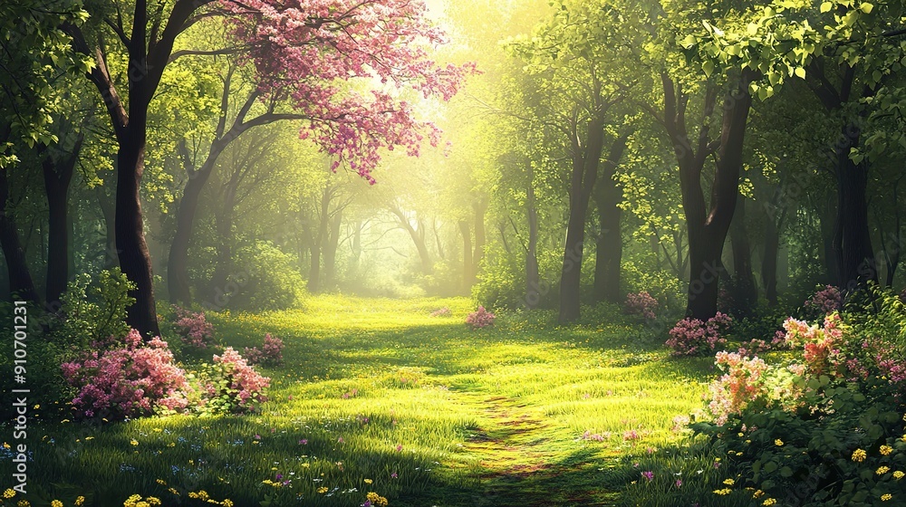 Enchanted Springtime Trail: A sun-drenched forest path beckons, dappled light filtering through blossoming trees in a symphony of color and serenity. Enchanted Springtime Trail: A sun-drenched forest path beckons, dappled light filtering through blossoming trees in a symphony of color and serenity.