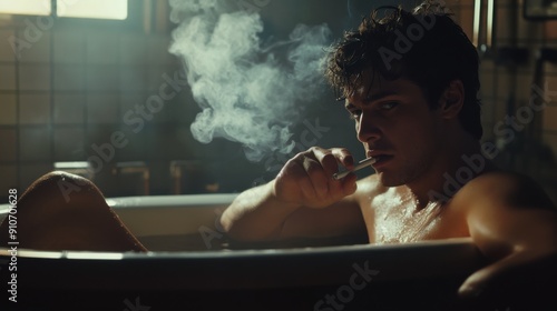 A dramatic silhouette of a man smoking in a dimly lit bathroom while sitting in a bathtub, creating a moody and introspective atmosphere.