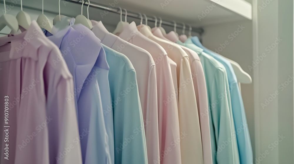 Obraz premium Indoor shot of pastel blouses shirts t shirts and sweater are hanging in wardrobe on shelf basic wardrobe for a fashionista in a fashion store : Generative AI