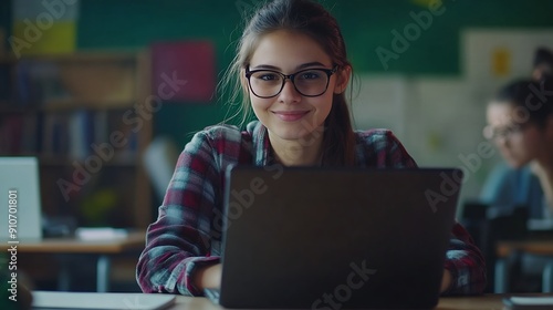 Smiling female school teacher or university professor working with laptop in classroom Young student girl in glasses preparing for test or exam in college Learning education and knowle : Generative AI photo