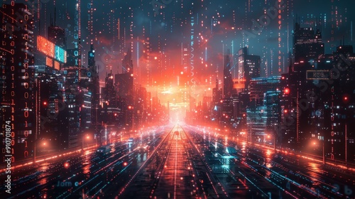 Cyberpunk Cityscape with Digital Rain