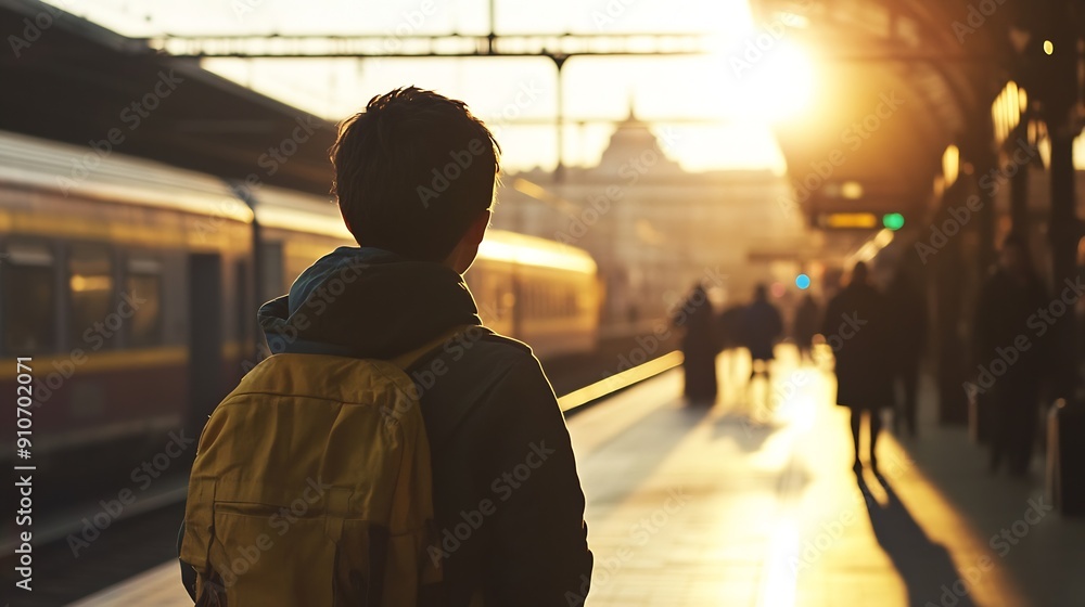 Obraz premium A boy stands with his back to the camera watching the busy scene at a train station bathed in sunset light : Generative AI