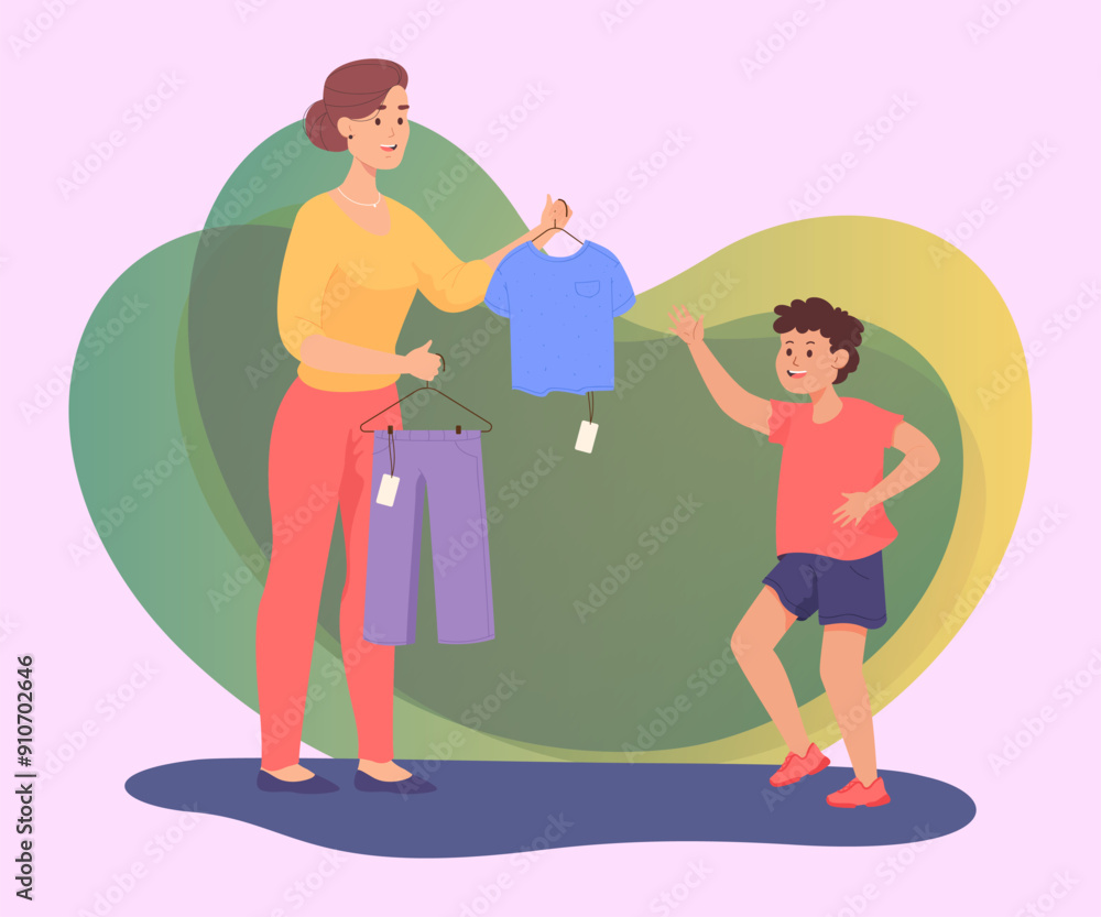 Boy happy to try on new clothes flat vector illustration. Woman offering new T-shirt and trousers to kid. Mom buying casual wear for her son. Shopping, store concept Boy happy to try on new clothes flat vector illustration. Woman offering new T-shirt and trousers to kid. Mom buying casual wear for her son. Shopping, store concept
