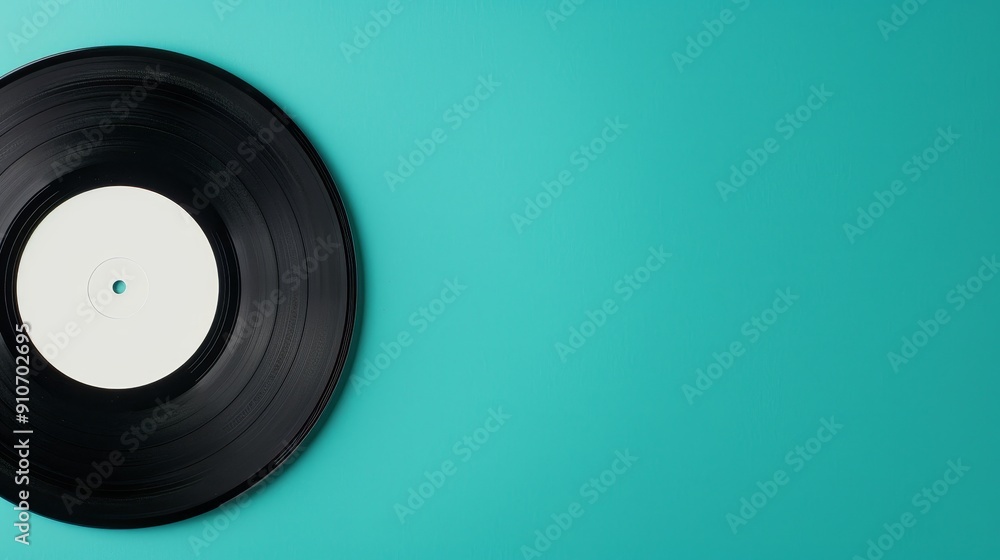 A vinyl record with a blank label, placed on a neon green and yellow background. The vibrant neon light provides clear copy space. The lighting is smooth and diffused, creating a modern lookd A vinyl record with a blank label, placed on a neon green and yellow background. The vibrant neon light provides clear copy space. The lighting is smooth and diffused, creating a modern lookd
