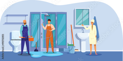 Two plumbers are fixing a leaking shower cabin in a bathroom while a woman is waiting