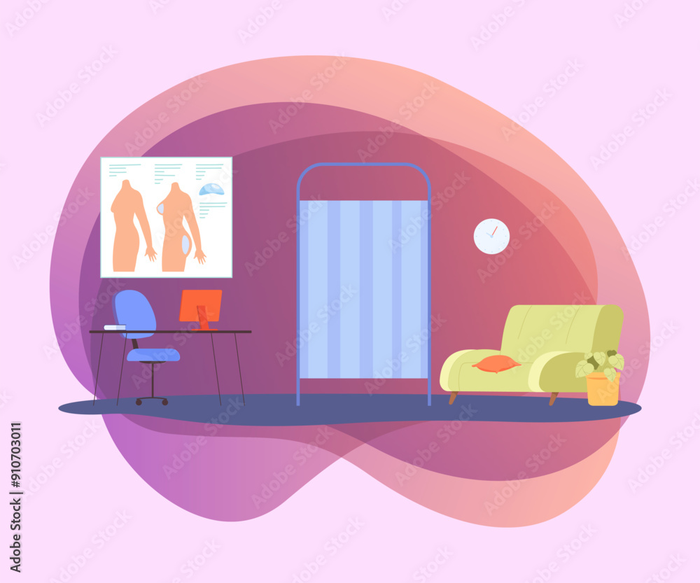 Fototapeta premium Cosmetic surgeons office interior design. Clinic room with sofa, desk with computer and posters flat vector illustration. Hospital, interior, mammoplasty, beauty concept
