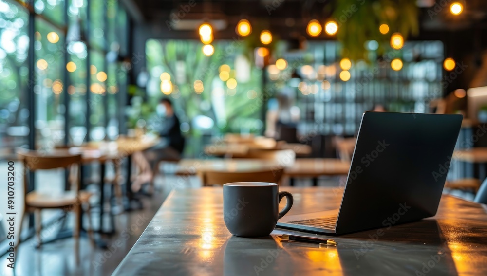A Laptop, Cup, and Pen on a Table in a Cafe A Laptop, Cup, and Pen on a Table in a Cafe