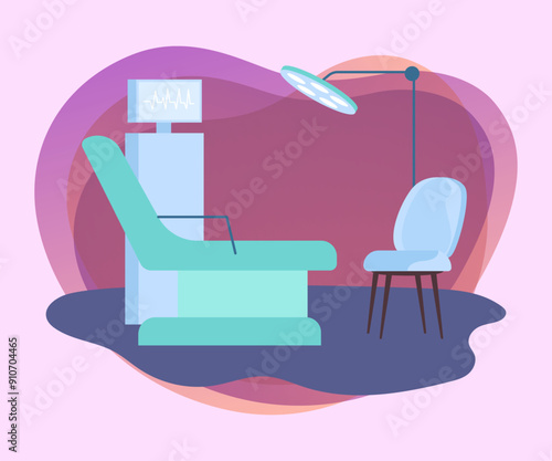 Hospital room interior design. Examination chair and lamp in doctors office flat vector illustration. Healthcare, hospital concept for banner or landing page
