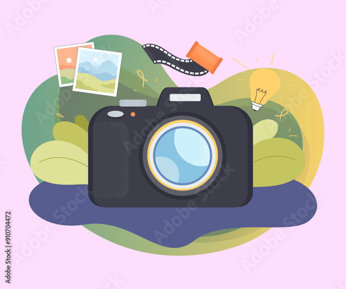 Huge retro camera for taking pictures. Film, photos of landscapes, lightbulb flat vector illustration. Photography, memory concept for banner, website design or landing page