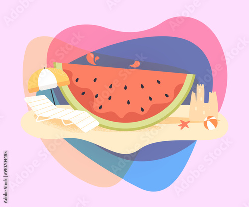 Huge piece of watermelon on beach. Chaise longue, umbrella, sand castle, ball flat vector illustration. Summer, traveling, rest concept for banner