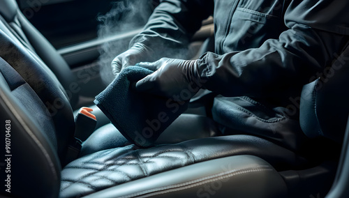 A person cleans a car interior using a steamer, showcasing the importance of vehicle maintenance and hygiene. photo