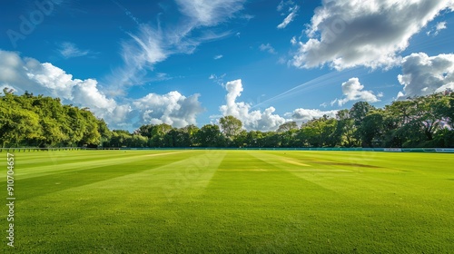 A Lush Green Cricket Pitch Under a Sunny Sky