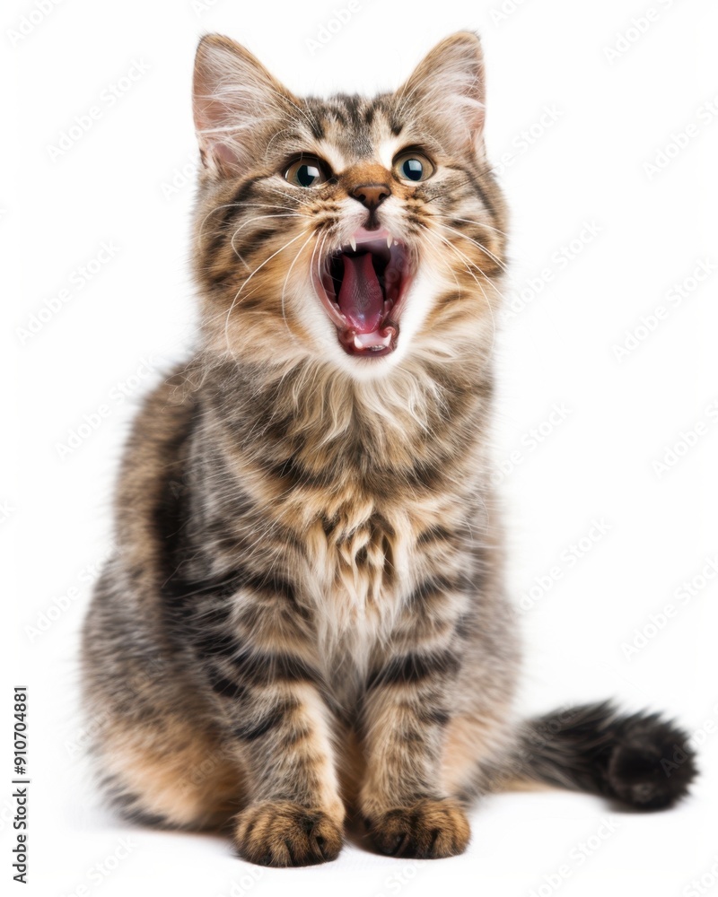 Obraz premium A cute tabby kitten with an open mouth looking up, isolated on white background. The kitten has fluffy fur and expressive eyes.