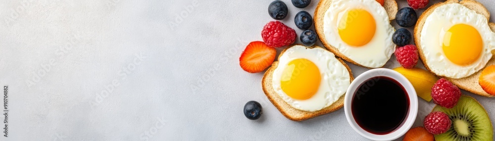 Fototapeta premium Delicious breakfast spread featuring sunny-side-up eggs, toast, fresh berries, and a cup of coffee on a rustic surface.
