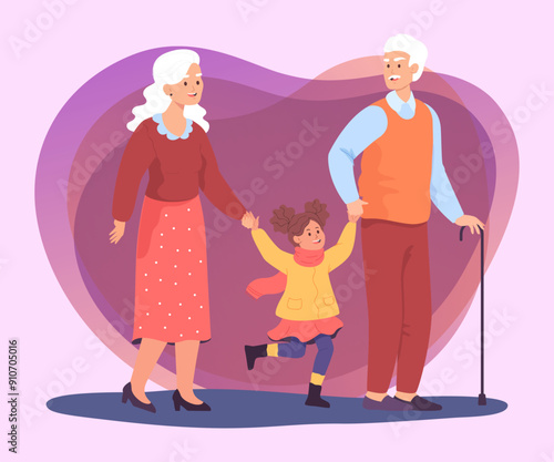 Old couple walking with happy child. Granddaughter holding hands of grandfather and grandma flat vector illustration. Family, old age concept for banner or landing page