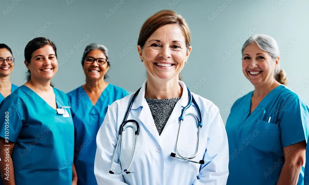 Group portrait video of a pleased doctor in her 40s wearing a scrub or lab coat with doctors nurses therapists Group portrait video of a pleased doctor in her 40s wearing a scrub or lab coat with doctors nurses therapists