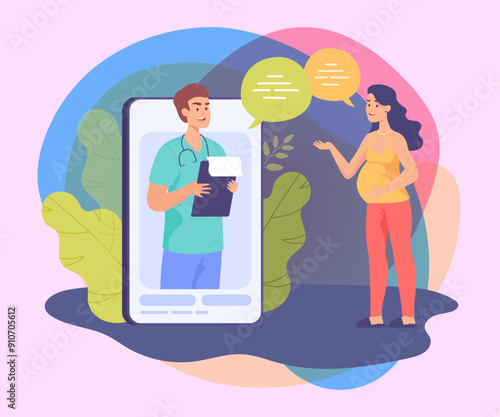 Pregnant woman talking to male doctor via huge mobile phone. Online consultation with gynecologist via smartphone flat vector illustration. Pregnancy, remote work, health, medicine concept for banner