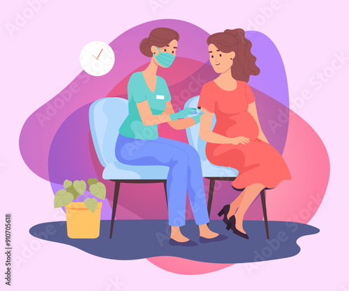Pregnant woman getting vaccine booster. Nurse in mask giving shot or jab to pregnant girl flat vector illustration. Pregnancy, coronavirus, vaccination concept for banner or landing page
