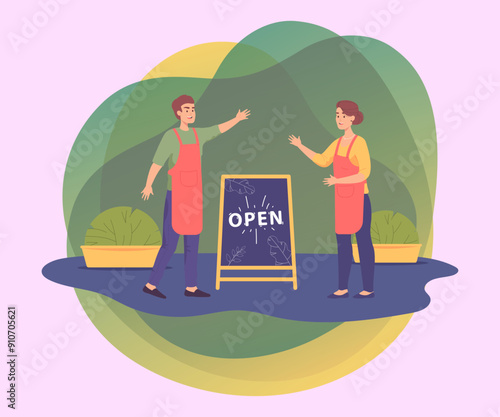 Shop or cafe owners standing next to open sign. Happy seller characters with blackboard reopening store flat vector illustration. Business, shop opening concept for banner or landing page