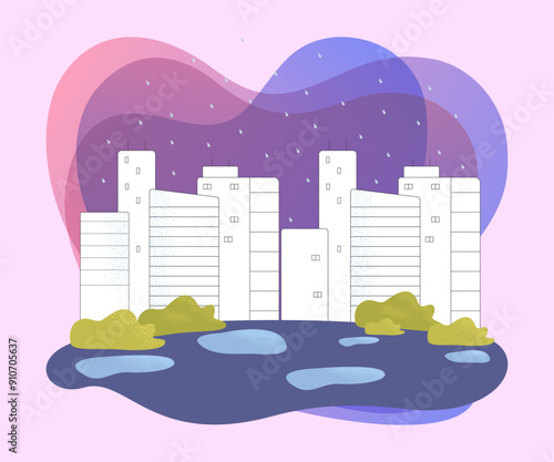 Rainy cityscape flat vector illustration. Cloudy and rainy day, block of flats, bedroom community. City, bad weather concept for banner or landing page