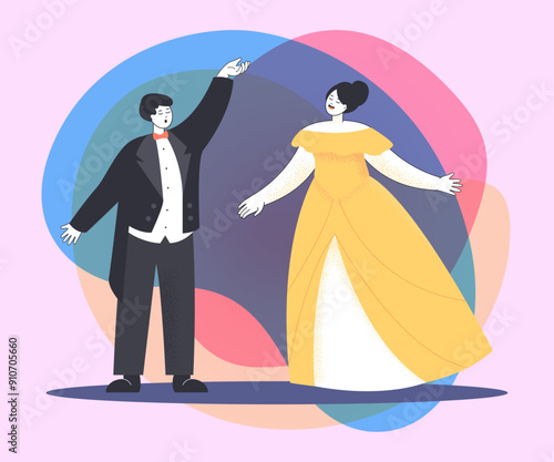 Opera performance in theatre flat vector illustration. Male and female tenor singers on stage performing drama or tragedy . Music, performance concept for banner design