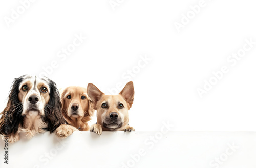 Three adorable dogs pose together, showcasing their friendly expressions against a clean white background. photo