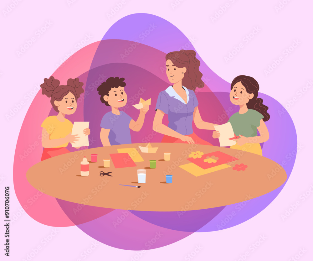 Teacher and kids making paper boats and flowers in classroom. Children learning different crafts at school flat vector illustration. Education, DIY, handicrafts concept for banner or landing page Teacher and kids making paper boats and flowers in classroom. Children learning different crafts at school flat vector illustration. Education, DIY, handicrafts concept for banner or landing page