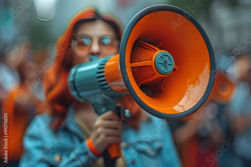 A young wmen holding a megaphone photo