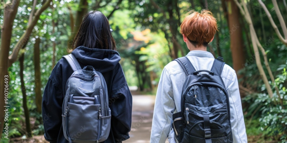 Two people walking with backpacks in a forest. AI. Two people walking with backpacks in a forest. AI.