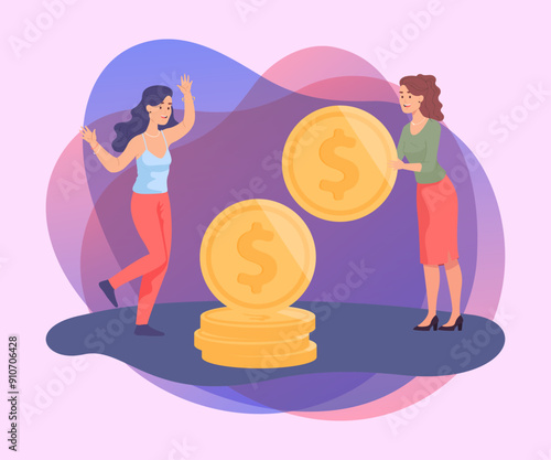 Two women with huge gold coins. Female cartoon characters getting profit from investments flat vector illustration. Finance, money, investment concept for banner or landing page