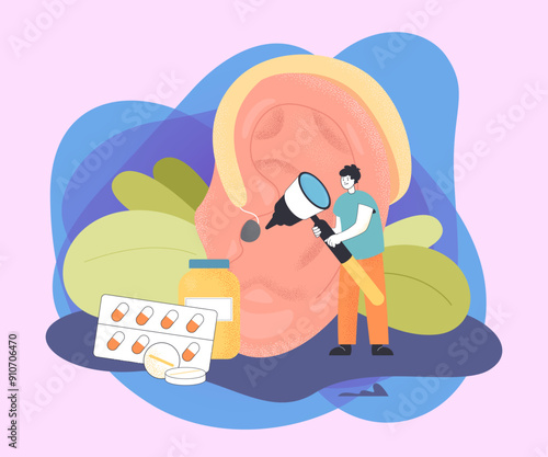 Tiny cartoon doctor examining big ear with tool. Medical examination, loss of hearing flat vector illustration. Health, otology or otolaryngology concept for banner, website design or landing page