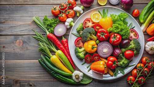 Plate with fresh, colorful vegetables, vegetables, plate, healthy, fresh, organic, vegetarian, meal, nutrition, vibrant, colorful