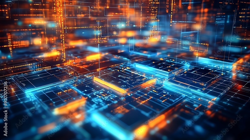 Fototapeta premium Abstract network grid with files and folders, futuristic software interface, digital document management system, store, search and organize documents, corporate business, paperless office