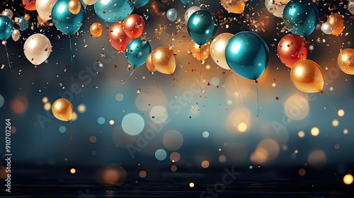 The image depicts a festive scene with confetti, balloons, and glitter particles falling downward, suggesting a joyful atmosphere, possibly at an event like New Year's Eve or a party.