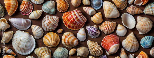 A Beautiful Arrangement of Colorful Seashells Scattered Across a Wooden Table, with Each Shell Showcasing Its Own Unique Texture and Vibrant Hues, Set Against a Softly Lit Background