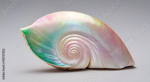 A Close-Up of a Glossy Mother-of-Pearl Shell with Detailed Irridescence and Subtle Pink and Green Tones, Set Against a Plain Light Gray Background for High Contrast photo