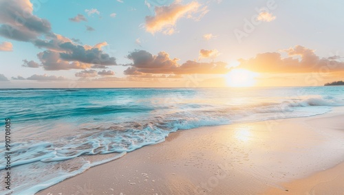 Tranquil Sunset Over a Calm Ocean and Sandy Shore