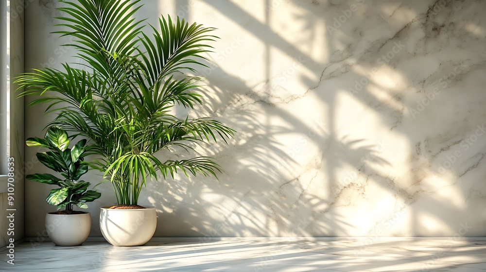 Fototapeta premium white empty room with shadow plant on white wall, empty white marble stone counter table top with shadow , white stucco cement luxury wall for product display presentation 