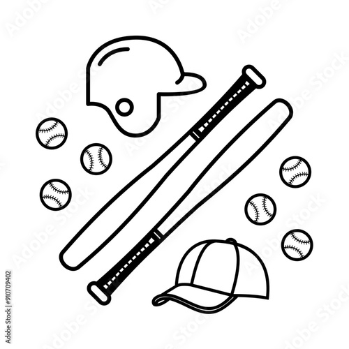 Baseball line icon set. Bat, stick, ball, helmet, hat, caps icon isolate on white background. Baseball equipment vector illustration