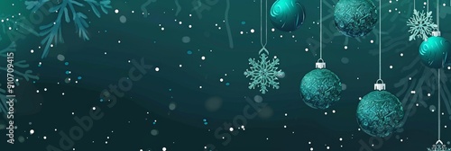 Teal Christmas Ornaments and Snowflake on a Green Background