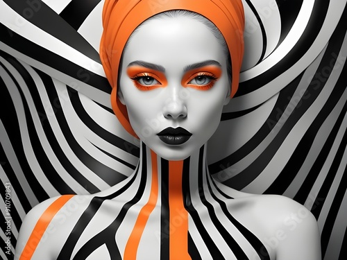 woman with black and white vibrant stripes on her body