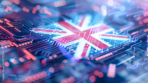 United Kingdom flag on a computer motherboard chip Digital UK internet technology cybersecurity concept