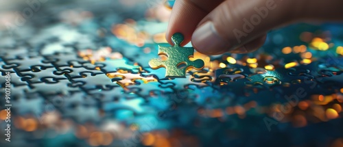 Precision in Progress: Hand Placing Jigsaw Piece into Puzzle with Perfect Fit