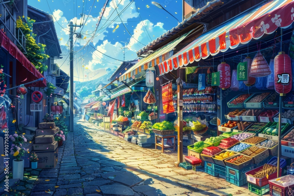 Obraz premium A vibrant and picturesque street market on a sunny day showcasing an array of colorful fruits vegetables and goods under bright awnings